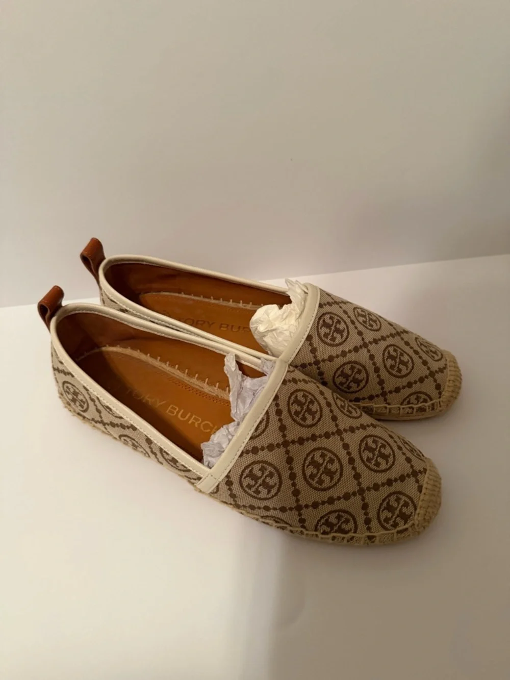 Tory Burch Beige and Brown Logo Espadrille Flats